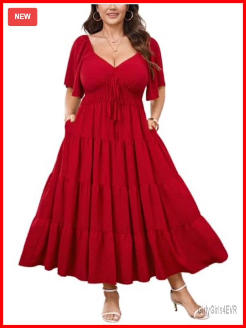 Plus Size Casual Summer Tiered Maxi Dress with Pockets V-Neck Short Sleeve